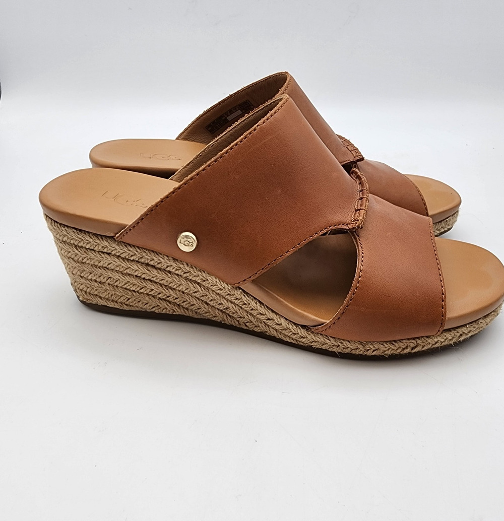 Ugg Eirene Leather Espadrilles Wedge Sandal Size 6.5 Tan Brown Open Toe Boho
